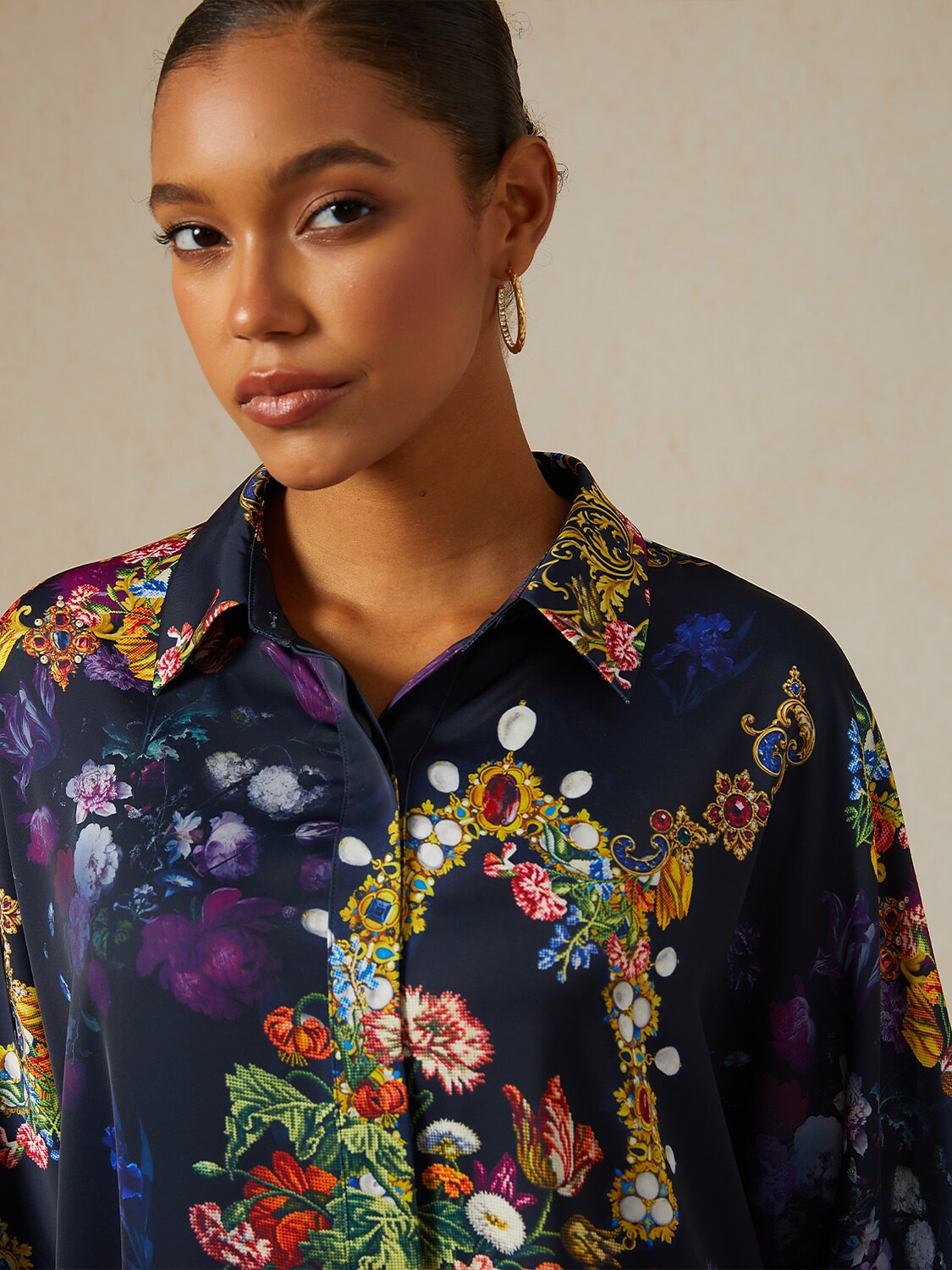 Midnight Jewel Bloom Silky Satin Oversized Shirt
