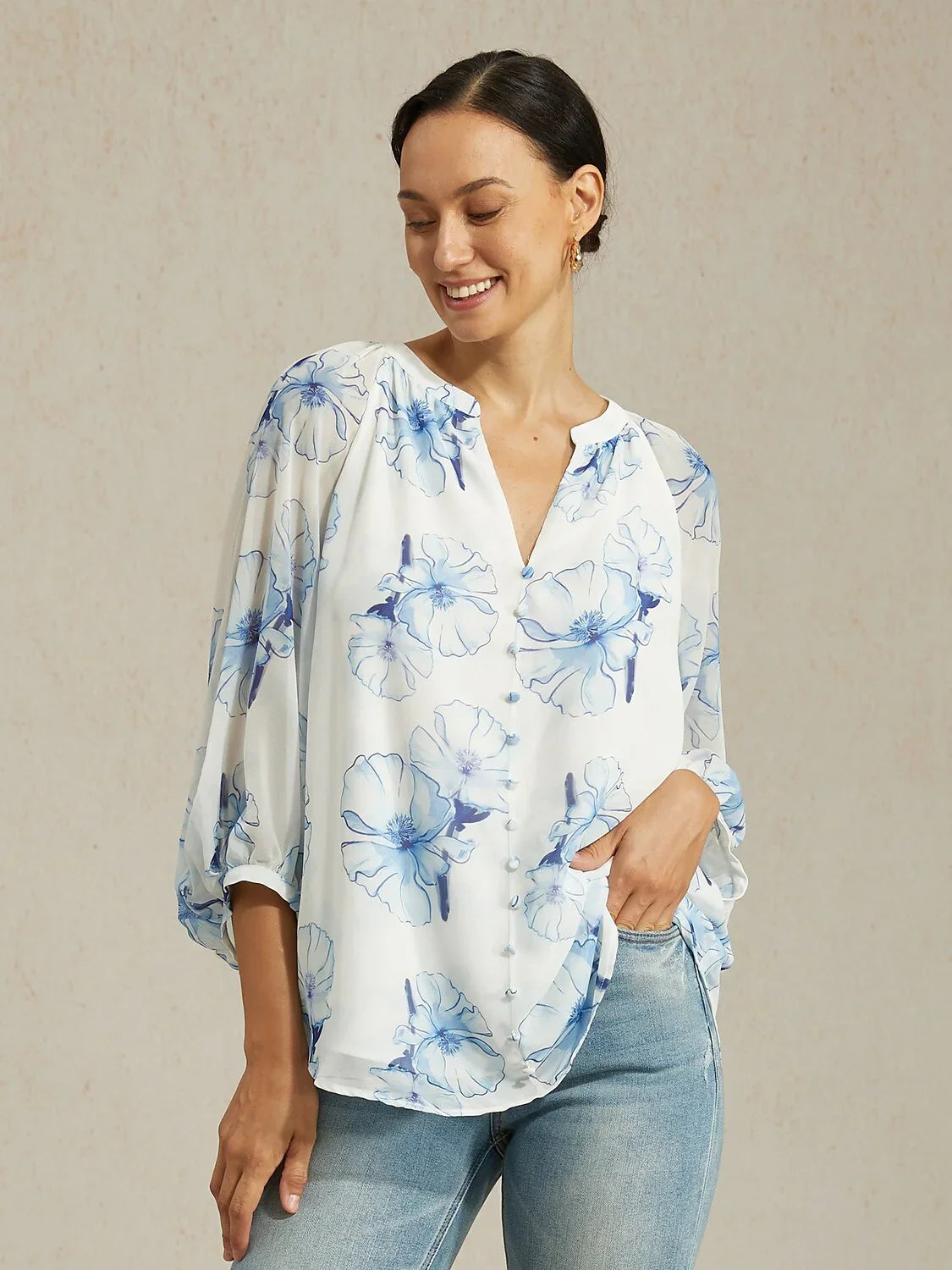 Elegant Ink Floral Chiffon Blouse