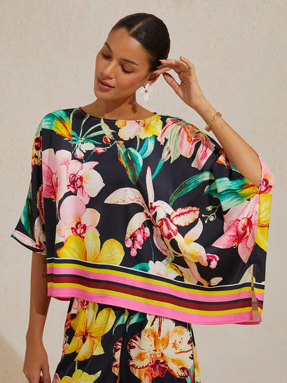 Midnight Floral Carnival Silky Satin Dolman Sleeve Top