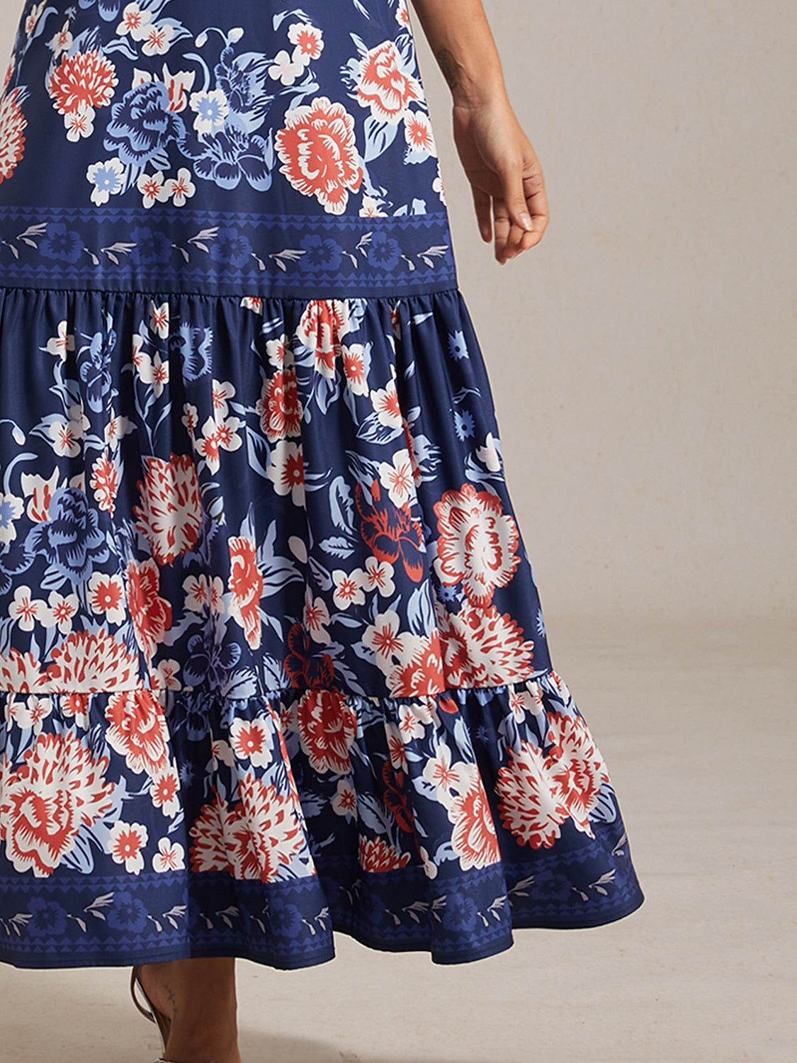Satin V-Neck Tiered Hem Floral Print Vacation Maxi Dress