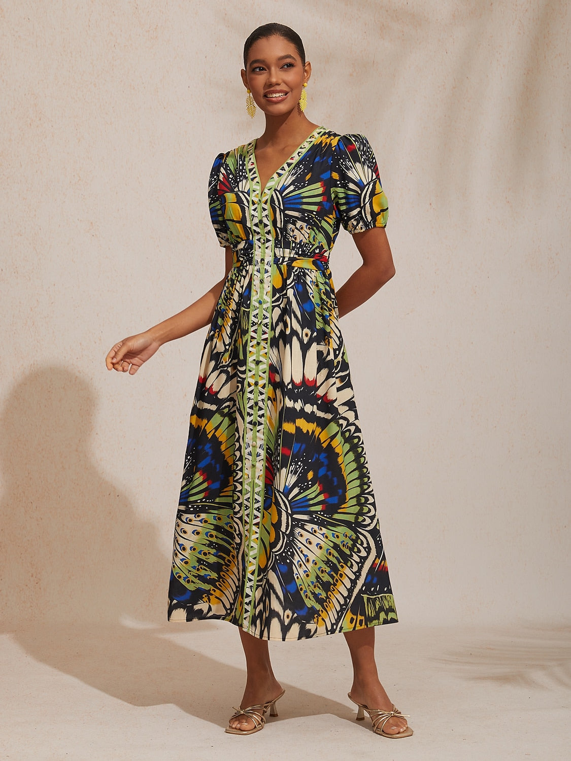 Sommernacht Leinen-ähnliches Maxikleid mit Palmenmuster