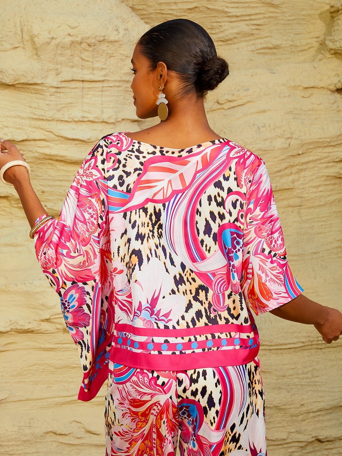 Summer Night Palm Silky Satin Dolman Sleeve Batwing Top