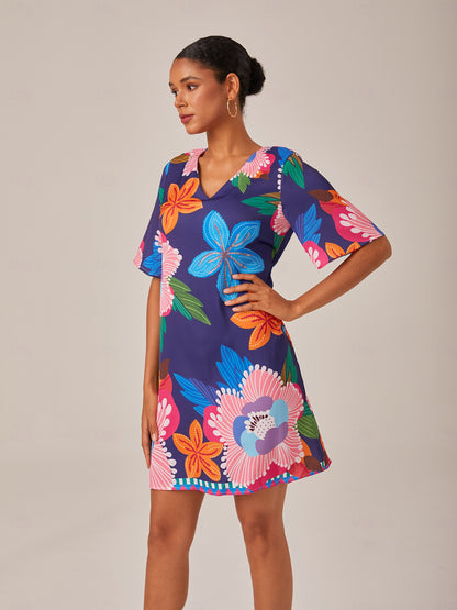 Vacation Print Satin Short Sleeves Mini Dress