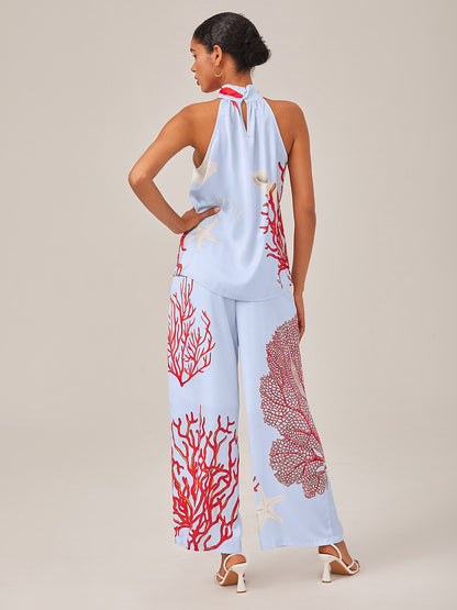 Satin Ocean-Inspired Pattern Print Vacation-Style Set