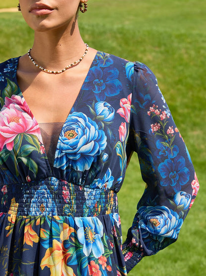 Sapphire Rose Garden Flowy Chiffon Maxi Dress