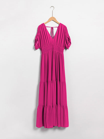 Rose Red Short Sleeve Vacation Chiffon Dress