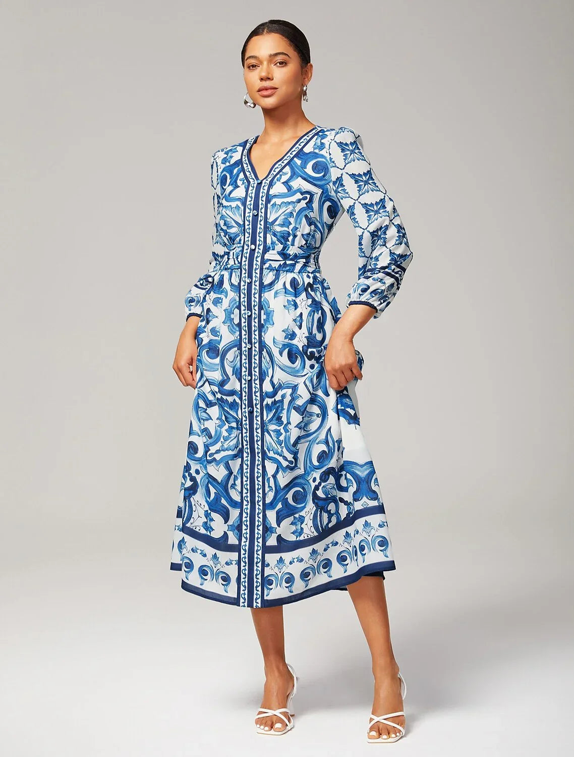 Porcelain Print V Neck Slim Fit Maxi Dress