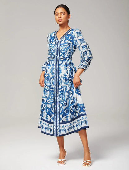 Porcelain Print V Neck Slim Fit Maxi Dress