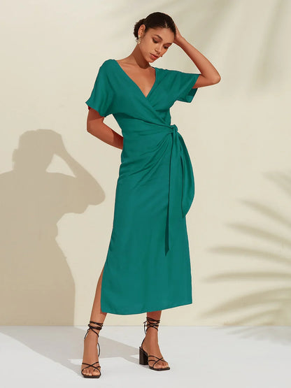 Tencel Linen Shirred Wrap Midi Dress