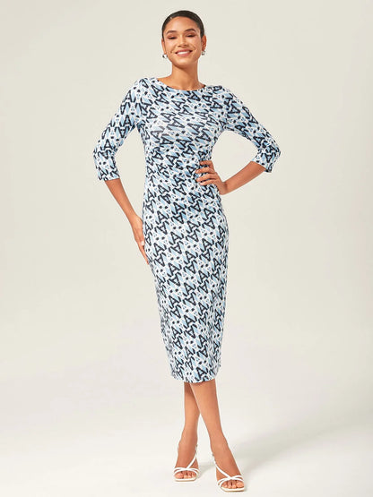 Casual Blue Geometric Print Midi Dress