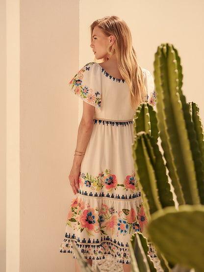 Linen like Floral Geometric Ruched Maxi Dress Vacation