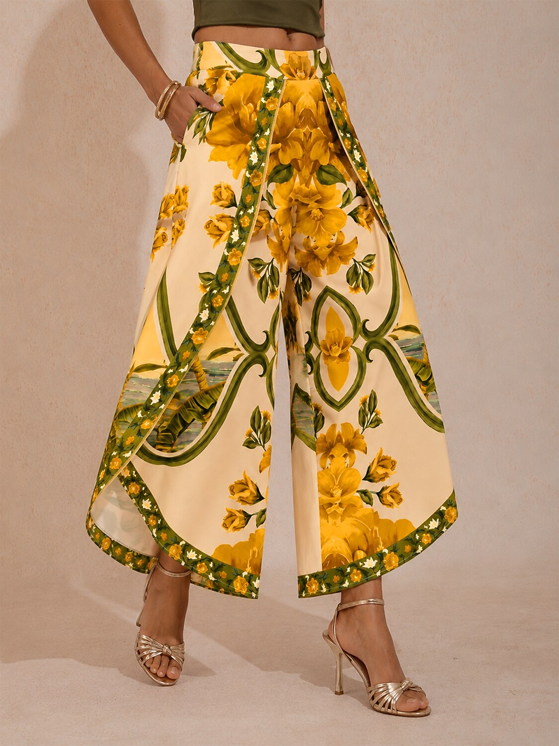 Hawaii Palm Satin Slit Wide Leg Pants