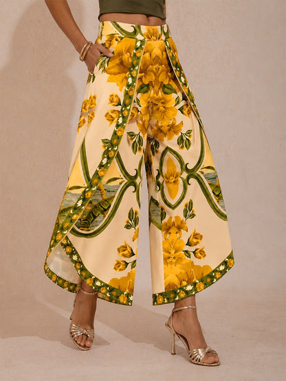 Hawaii Palm Satin Slit Wide Leg Pants