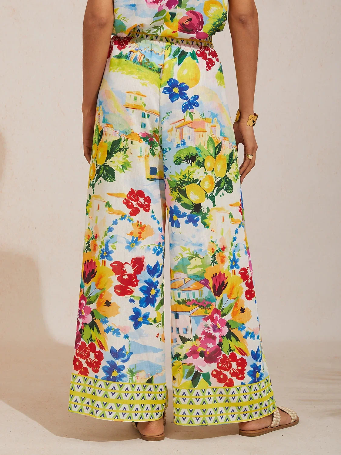 Holiday Citrus Garden Airy Linen Look Wide Leg Pants