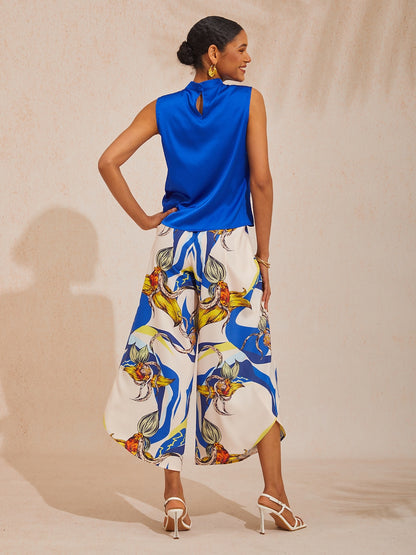 Hawaii Palm Satin Slit Wide Leg Pants