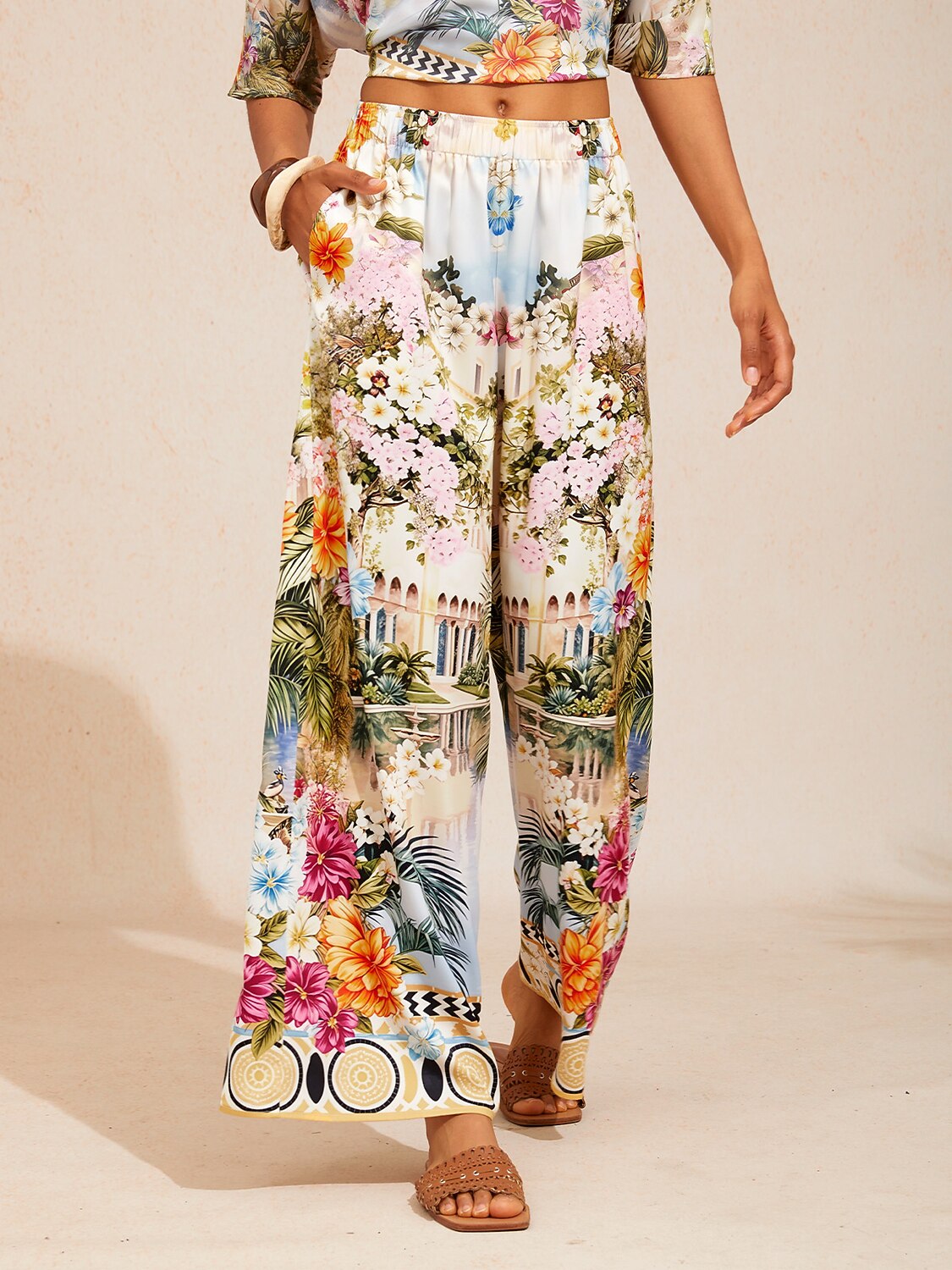 Pastel Floral Garden  Satin Wide Leg Pants