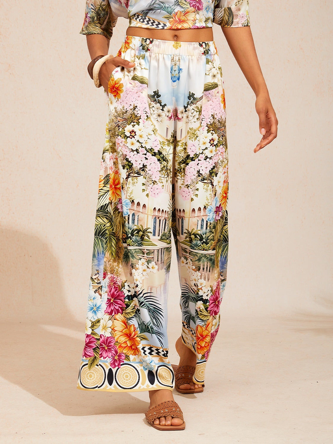 Abstract Bell Flower Satin Wide Leg Pants