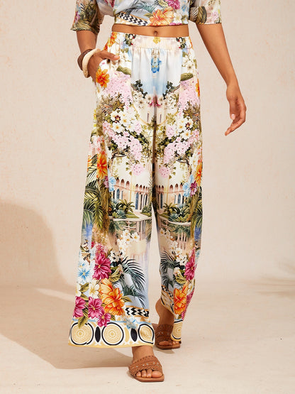 Abstract Bell Flower Satin Wide Leg Pants