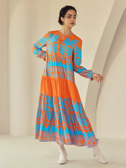 Plants Linear Button Up Crew Neck Ethnic Casual Maxi Dress