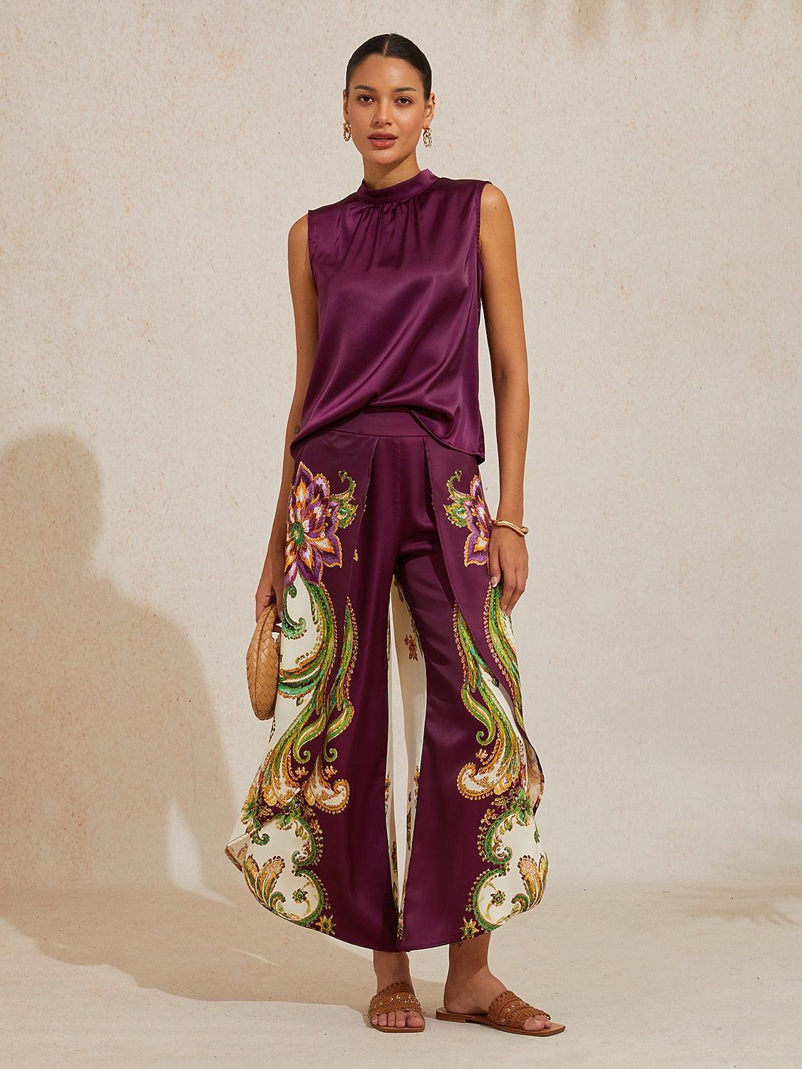 Burgundy Paisley Luxe Silky Satin Sleeveless Top