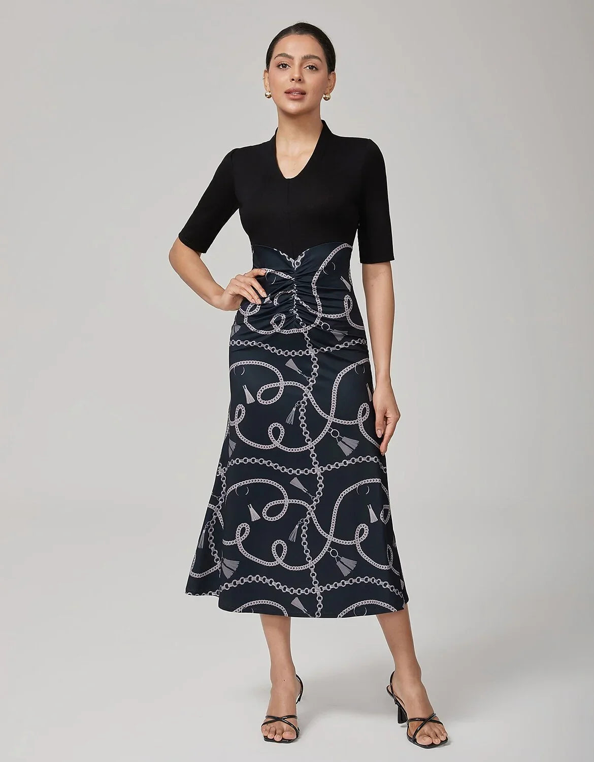 Lyocell Chain Print Colorblock Fishtail Dress