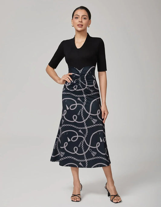 Lyocell Chain Print Colorblock Fishtail Dress