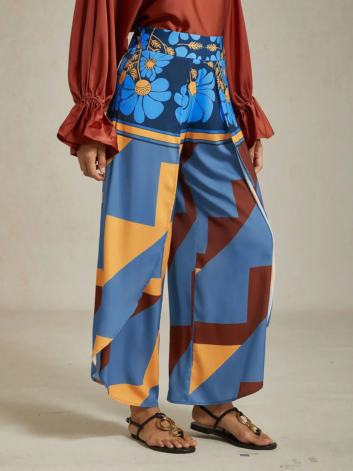 Satin Geometric Print Swing Full Length Micro-Elastic Pants