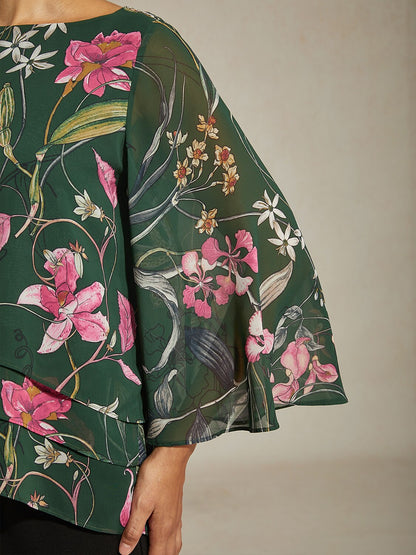 Floral Print Half Sleeve Round Neck Layered Chiffon Blouse