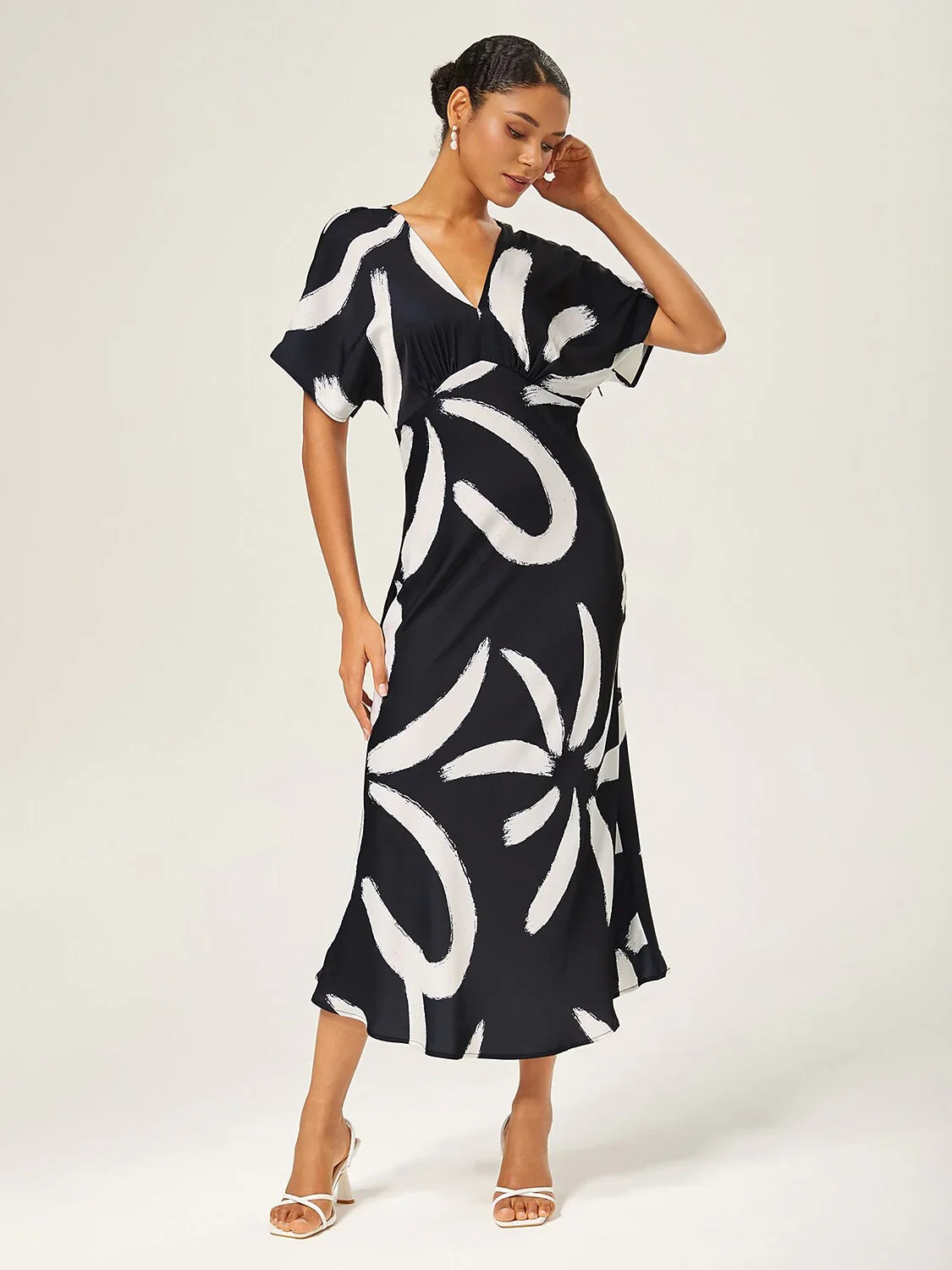 Abstract Floral Print Satin Maxi Dress