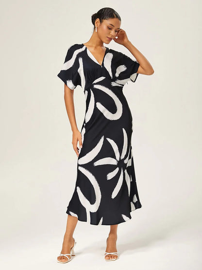 Abstract Floral Print Satin Maxi Dress