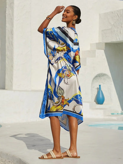 Ocean Blue Orchid Silky Satin Kaftan