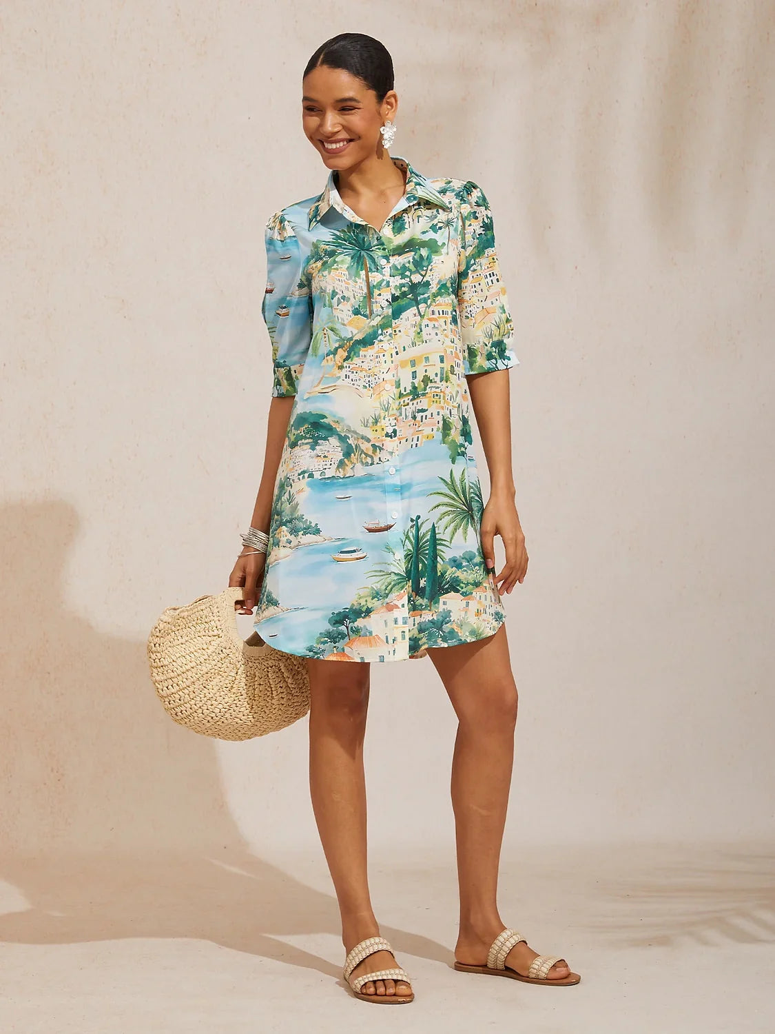 Mallorca Blossom Silky Satin Straight Shirt Dress