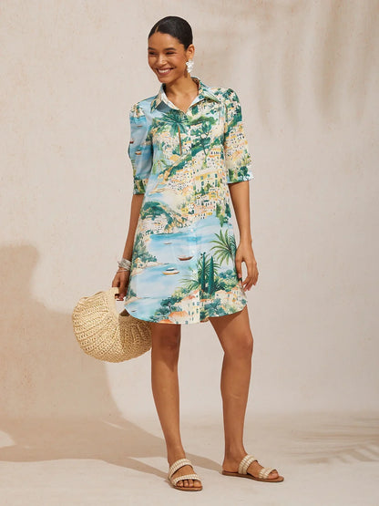 Mallorca Blossom Silky Satin Straight Shirt Dress