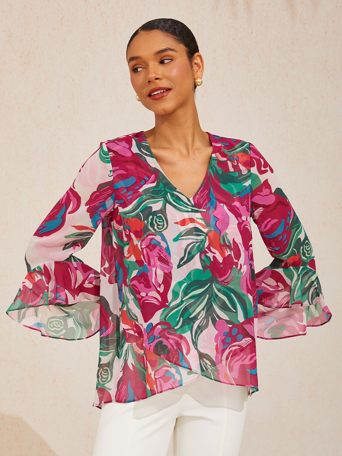 Fiery Pink Rose Flowy Chiffon Blouse