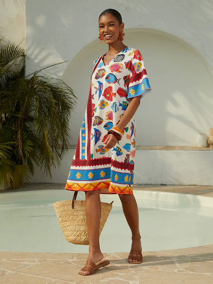 Vacation Ocean Elements Shirred Satin Mini Dress