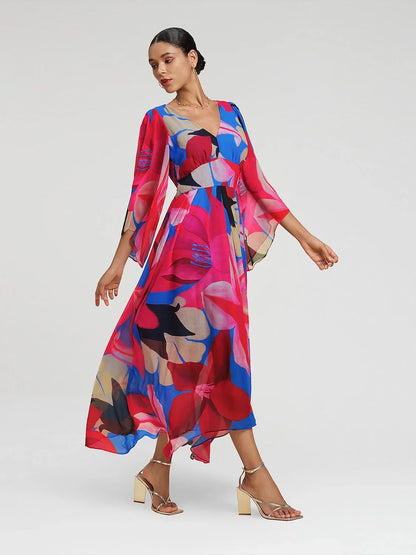 Robe maxi en chiffon à imprimé floral et manches évasées