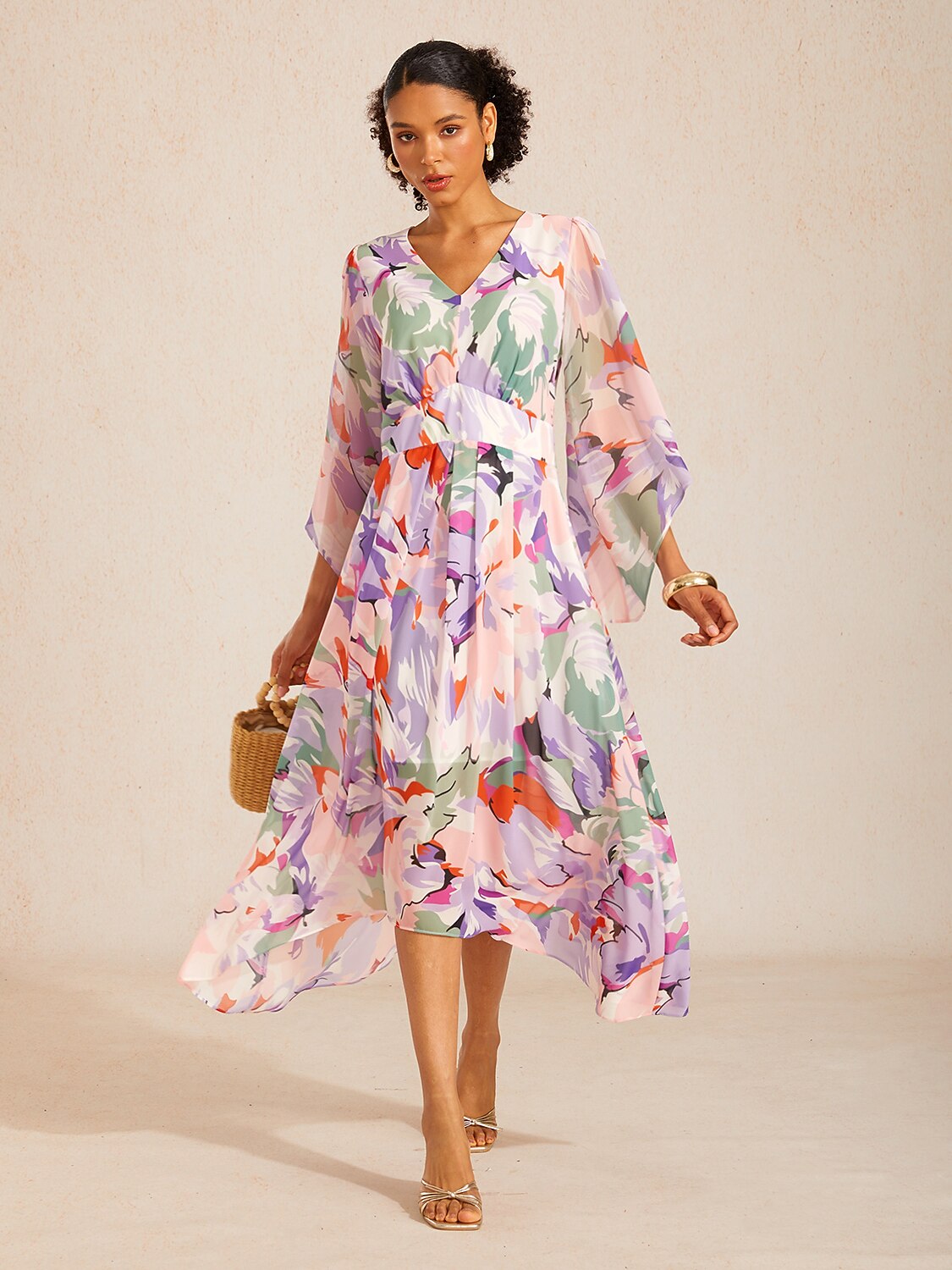 Robe maxi en chiffon à imprimé floral et manches évasées
