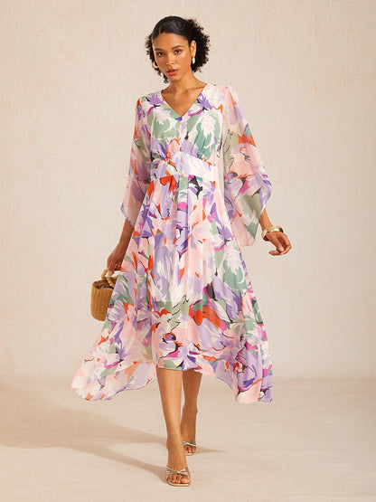 Robe maxi en chiffon à imprimé floral et manches évasées