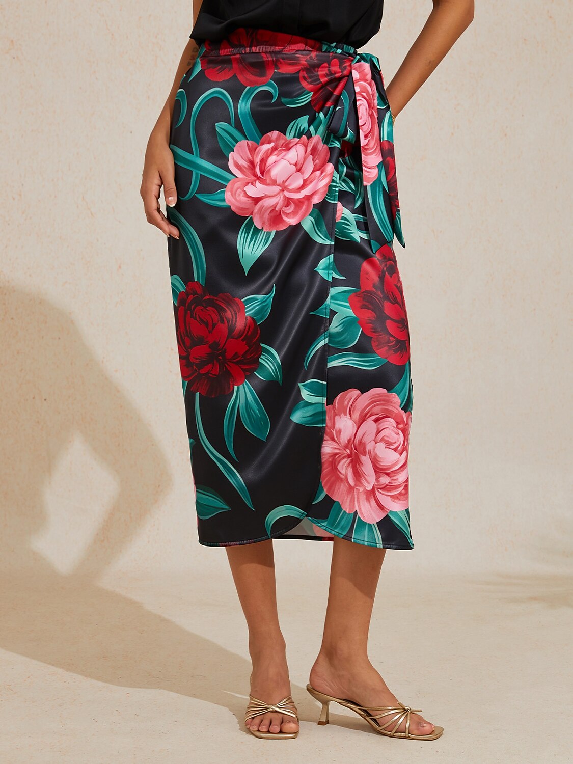 Emerald Rose Garden Silky Satin Wrap Skirt