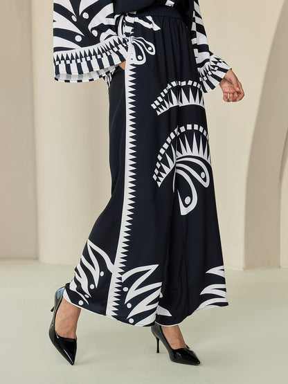 Black Satin Full Length Printing Wide Leg Pants