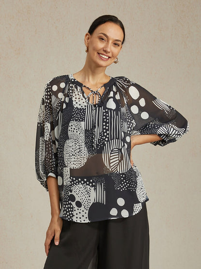 Abstract Print Puff Sleeve V-Neck Chiffon Blouse