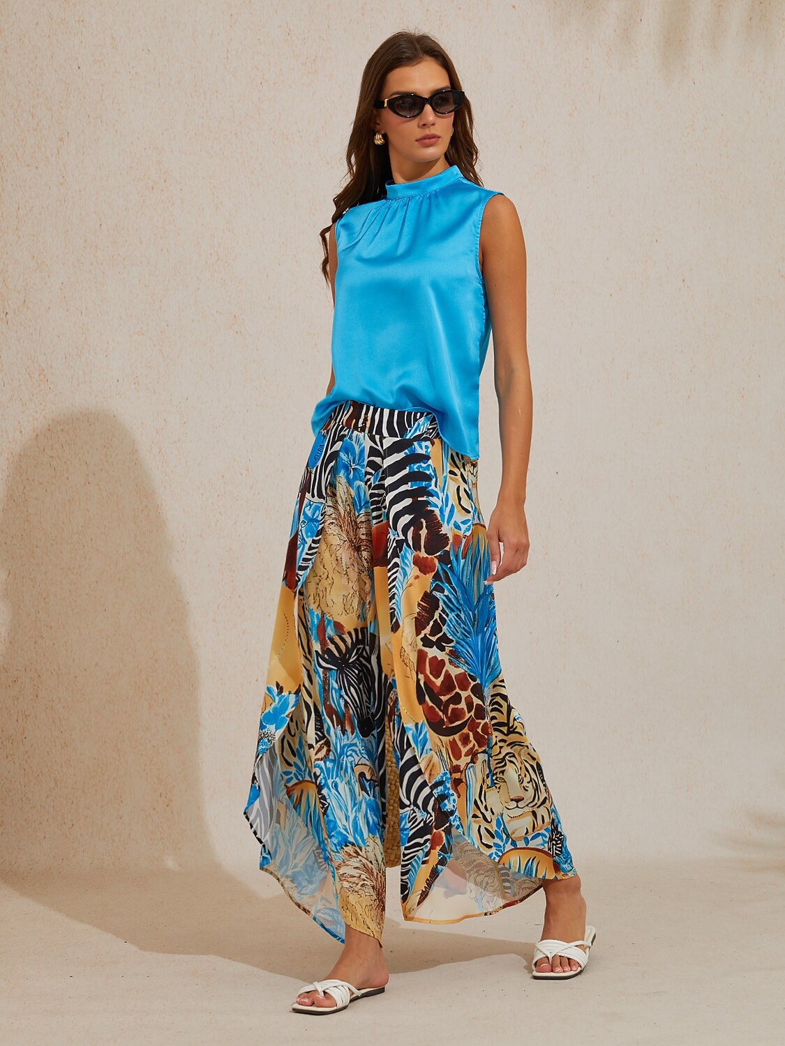Sapphire Zebra Bloom Silky Satin Slit Wide Leg Pants