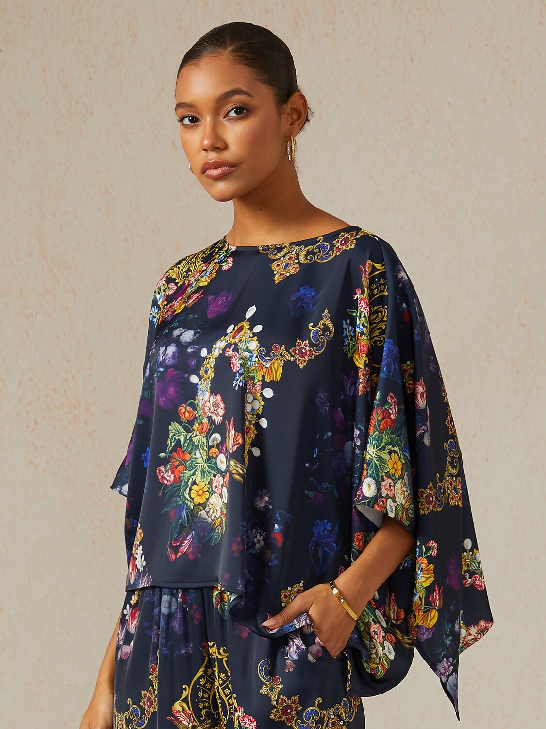 Midnight Jewel Bloom Silky Satin Dolman Sleeve Top