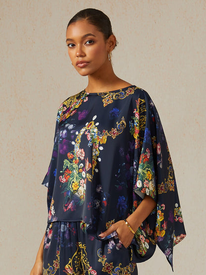 Midnight Jewel Bloom Silky Satin Dolman Sleeve Top