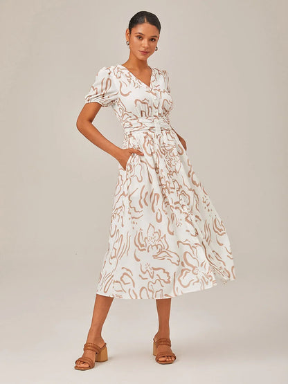 Abstract Art Print Linen-Like Maxi Dress