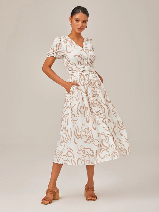 Abstract Art Print Linen-Like Maxi Dress