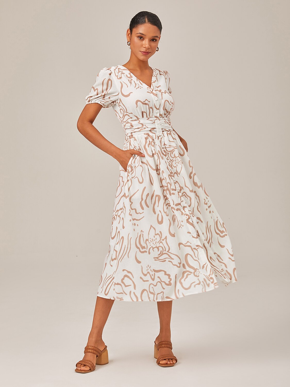 Robe Longue Style Lin avec Impression dArt Abstrait