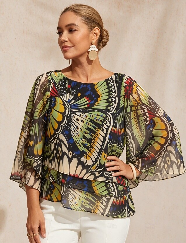 Wild Hibiscus Dream Flowy Chiffon Layered Blouse