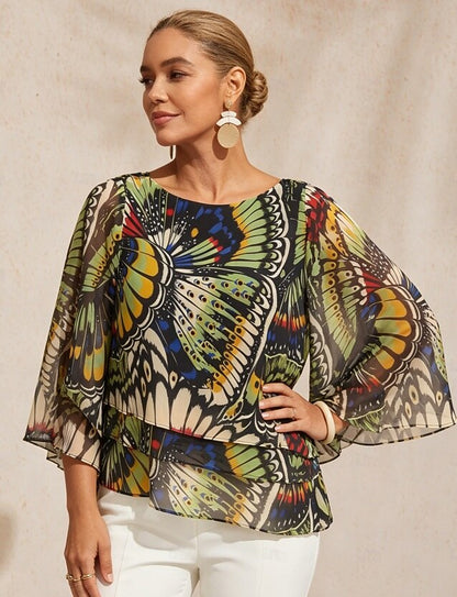 Wild Hibiscus Dream Flowy Chiffon Layered Blouse