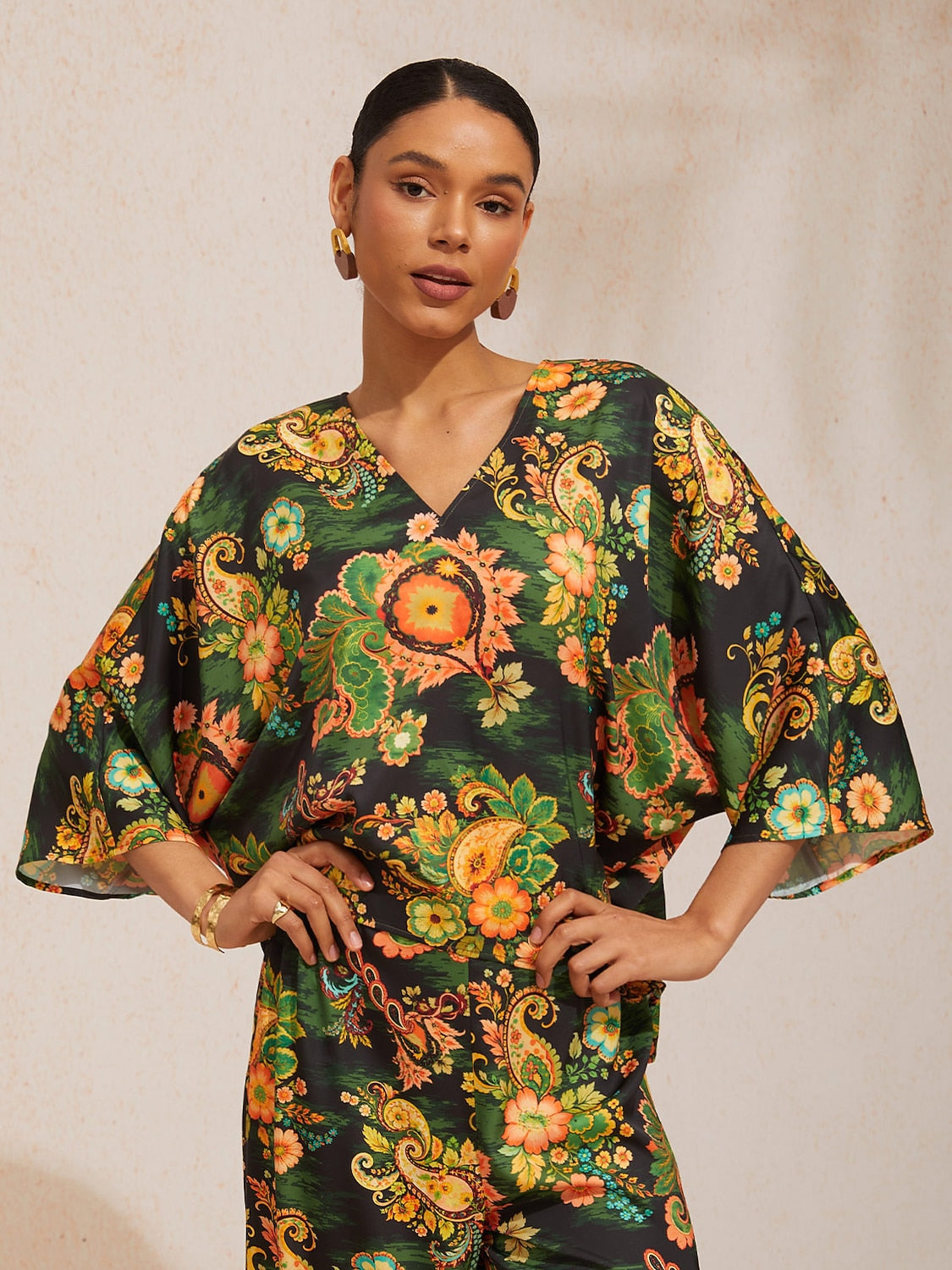 Indigo Tigress Silky Satin  Vacation Batwing Top
